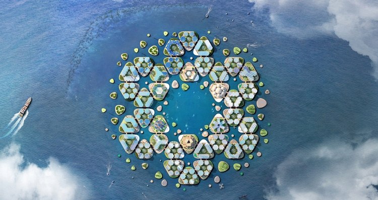 aus vogelperspektive gesehene schwimmende stadt oceanix city als projekt zum überstehen von hurrikanen