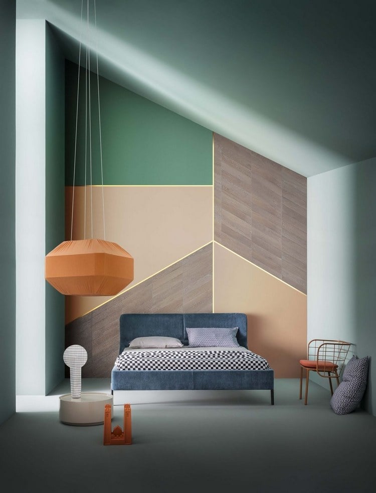 außergewöhnliche formen und geometrische wandmuster in erdigen farben im schlafzimmer