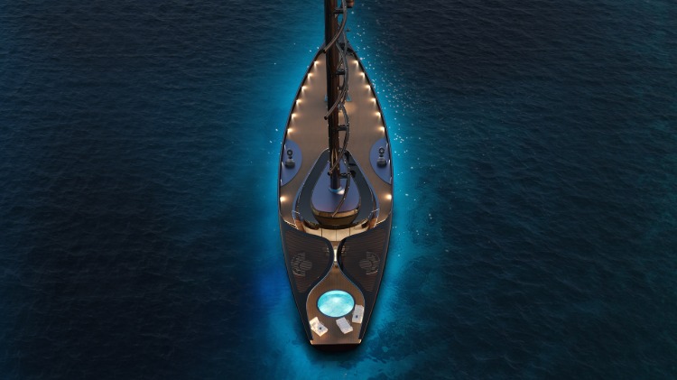 beleuchtete luxus segelyacht mit außergewöhnlichem design und zwei masten sowie pool im hinteren bereich
