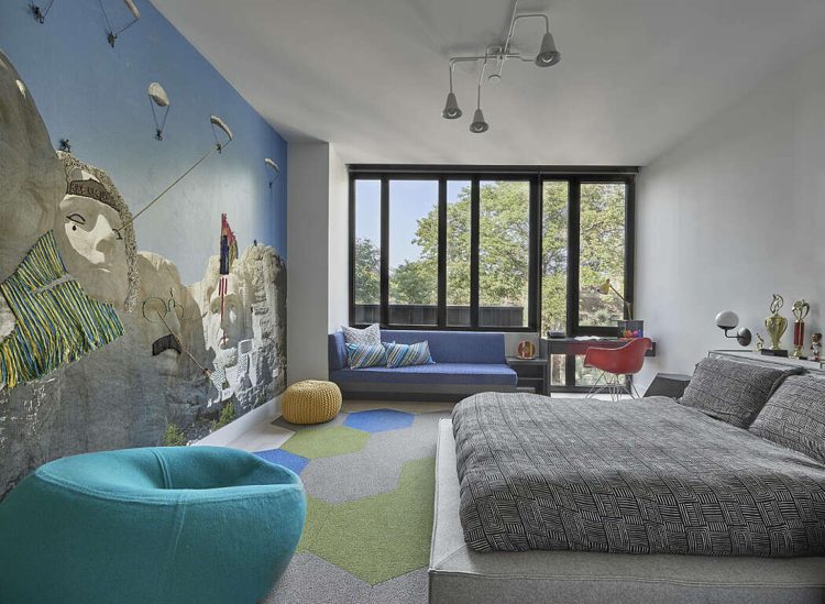 gedeckte Farben Jugendzimmer Azurblau Tapete Sitzsack Teppichboden Tagesbett