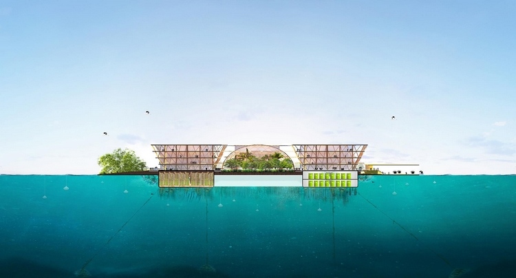grundriss für schwimmende stadt oceanix city big un-habitat aus inselgruppen