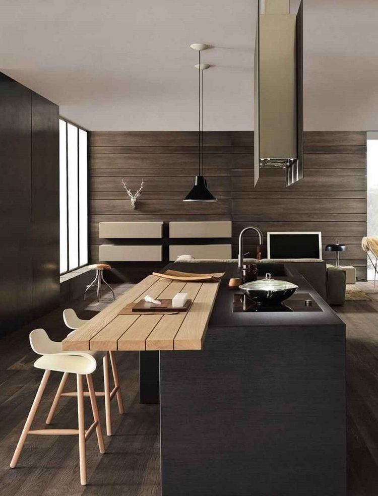 moderne ideen für die küche mit dunklem design und kücheninsel mit sitzgelegenheiten zum essen
