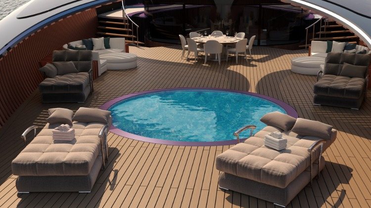 rundes pool und komfortablen polstermöbel zum liegen auf dem deck der luxus segelyacht osseo