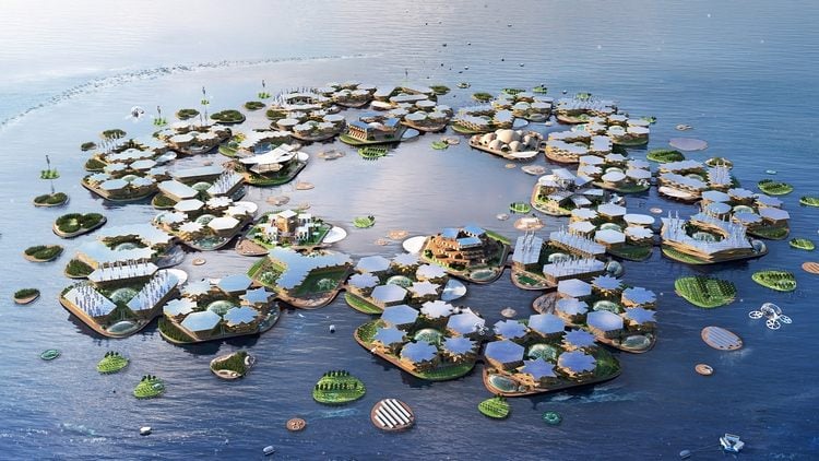 schwimmende stadt oceanix city big un-habitat aus inselgruppen mit sonnenkollektoren als konzept bei extremen wetterereignissen