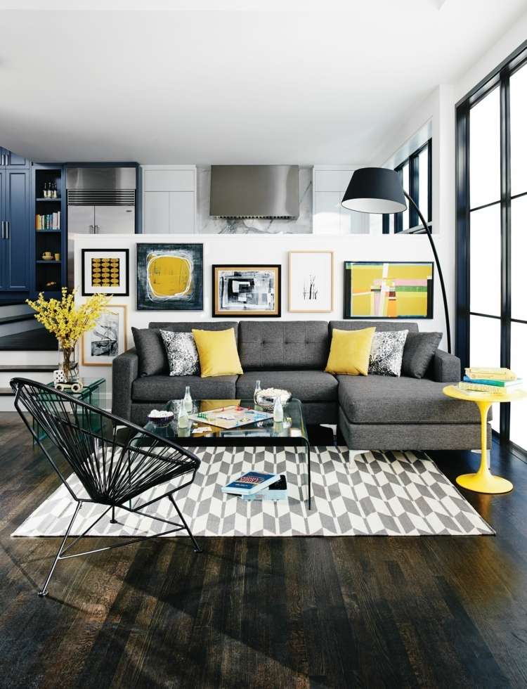 senfgelb kombinieren grau wohnung einrichten graues sofa wohnzimmer ideen