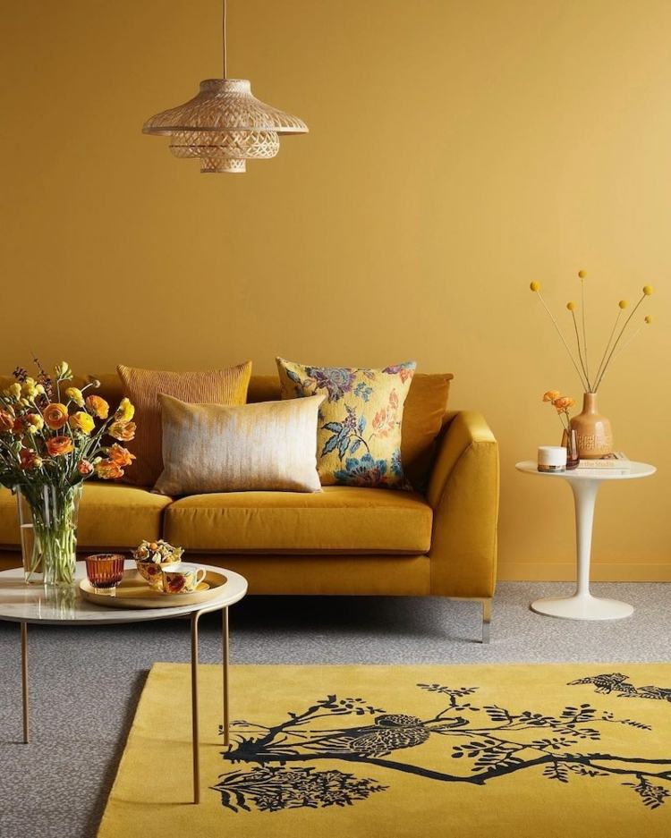 senfgelb kombinieren wohnung einrichten wohnzimmer sofa teppich ideen wohnaccessoires