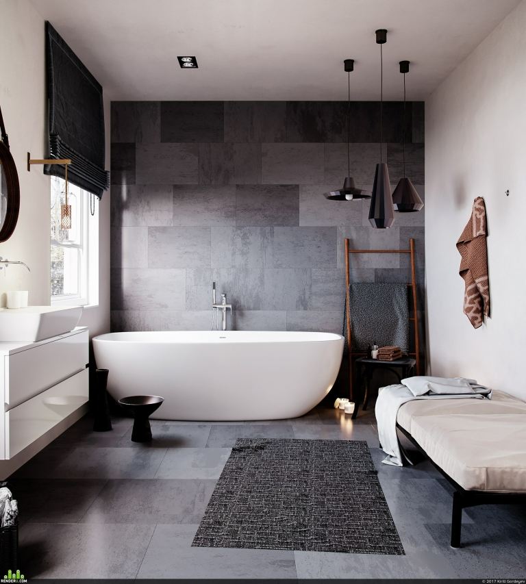 Badezimmer in Grau Boden Fliesen Teppich Wohnaccessoires modern