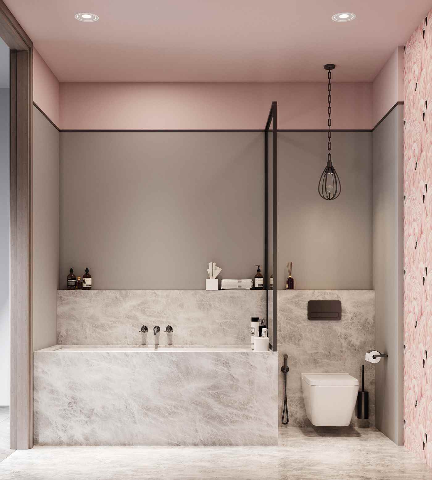 Badezimmer in Grau Rosa Pastellfarben Marmor Optik Trend Lampe Design Ideen