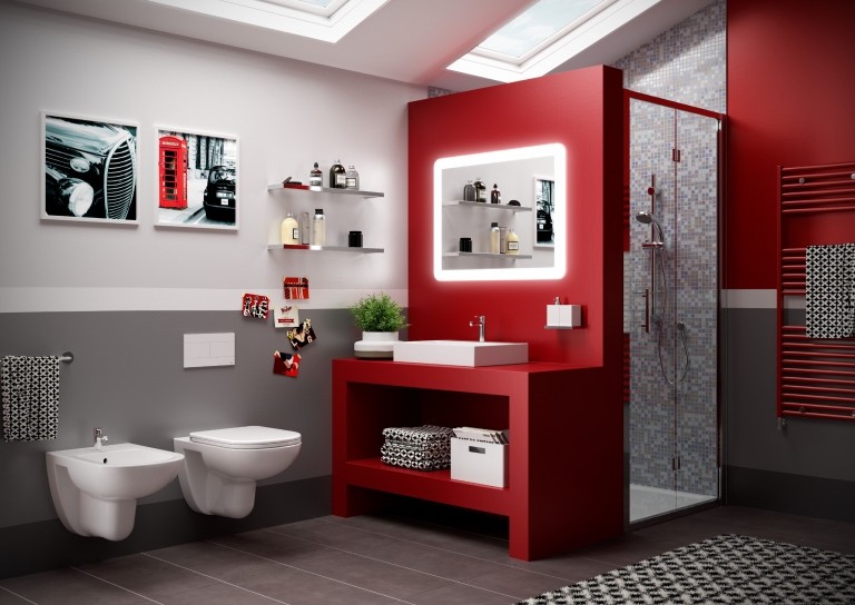 Badezimmer in Grau Rot modern Wandregal Fliesen Mosaik Teppich Muster