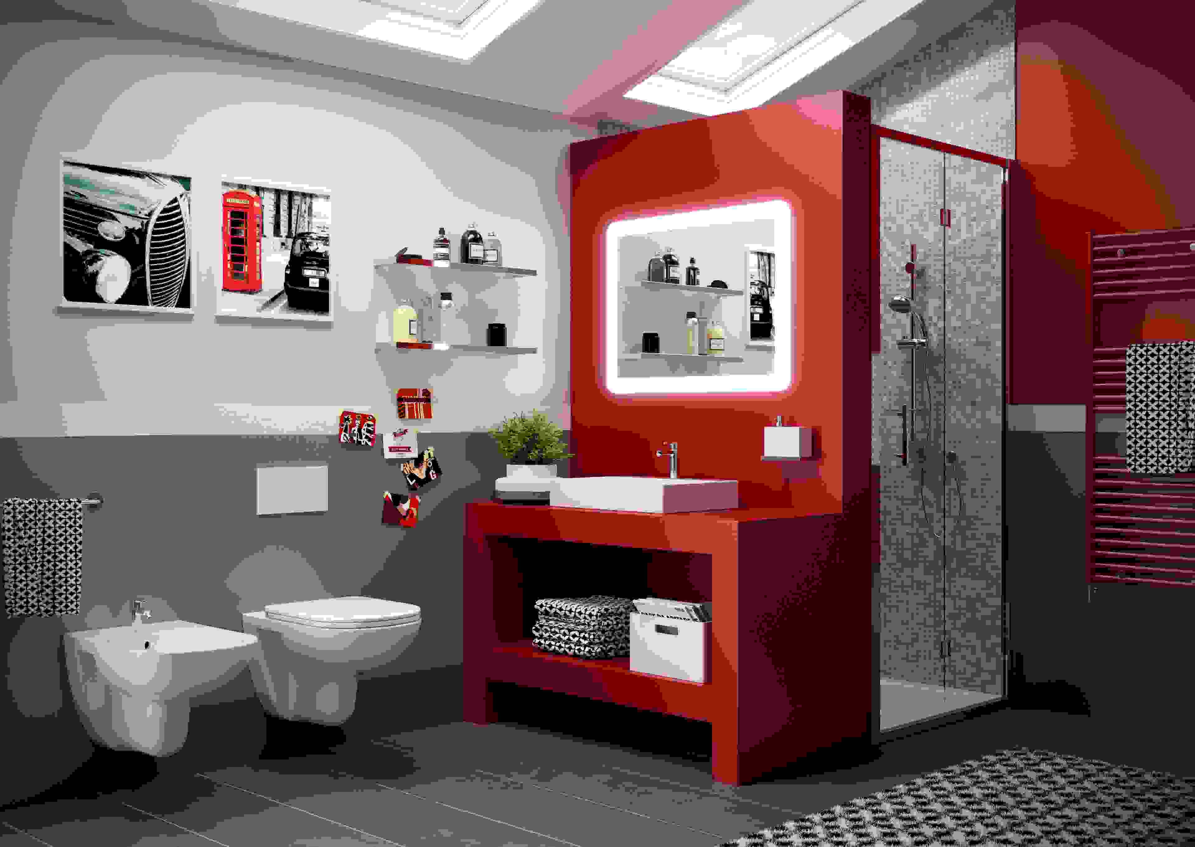Badezimmer in Grau Rot modern Wandregal Fliesen Mosaik Teppich Muster
