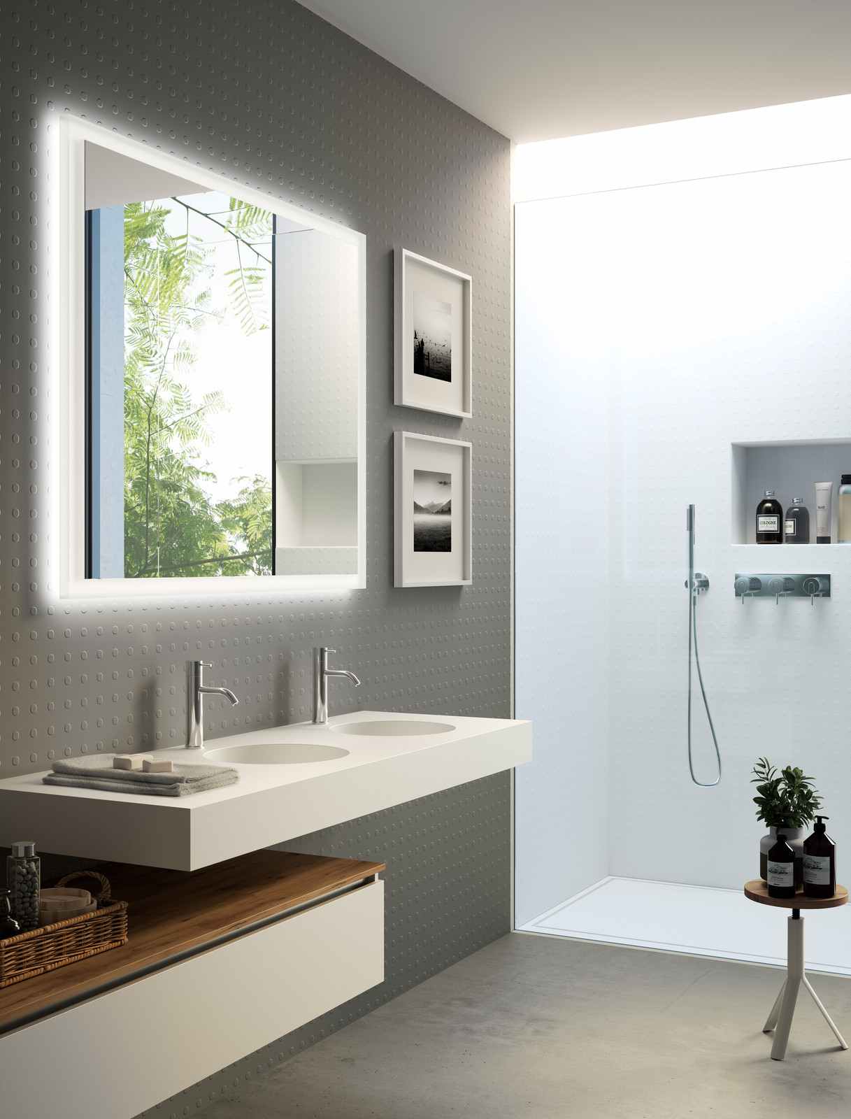 Badezimmer in Grau Wandfliesen Betonboden Holz Accessoires Spiegelschrank Wohntrends