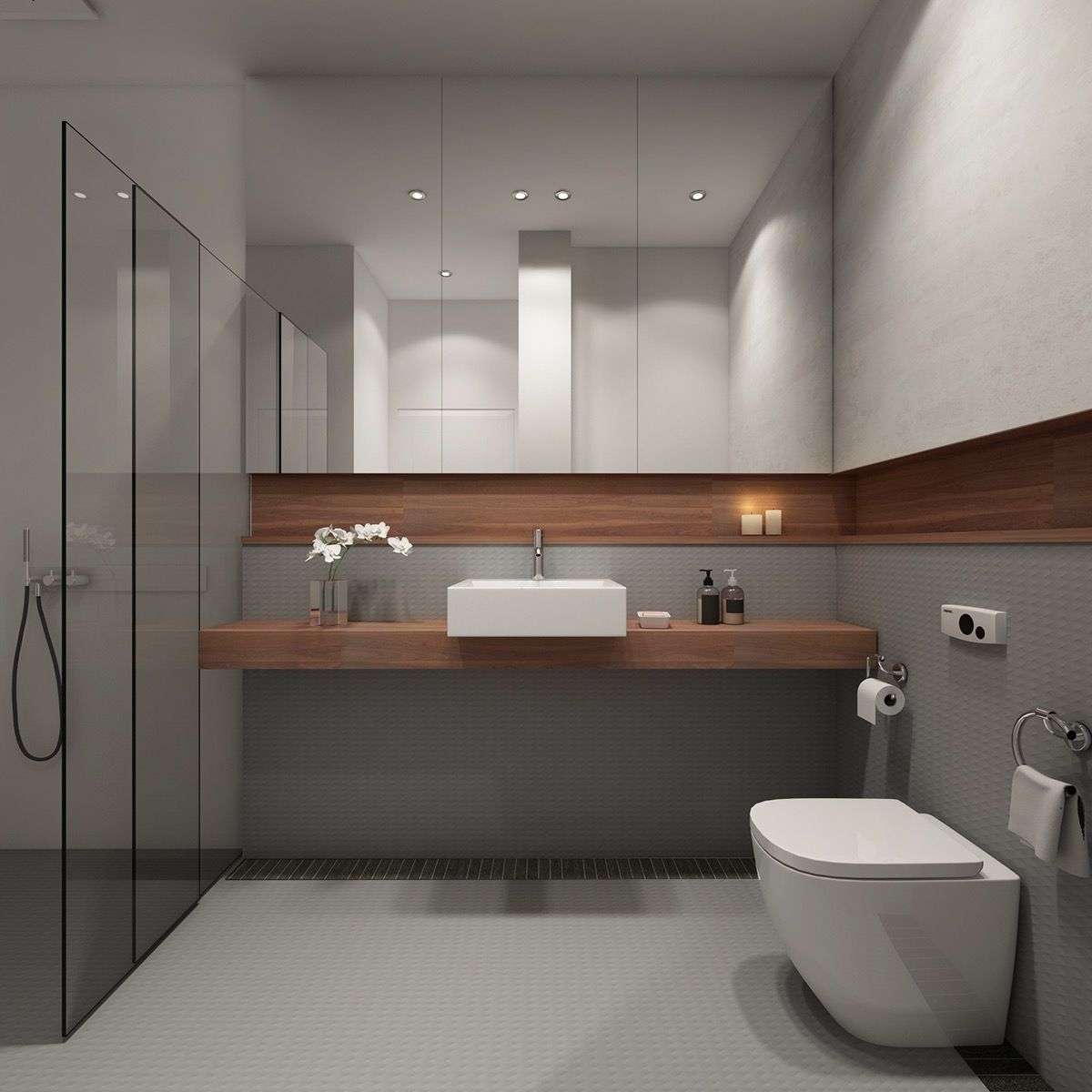 Badezimmer in Grau modern Holzplatte Spiegelschrank Duschkabine Designideen