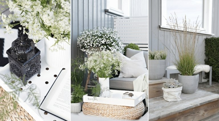 Dekoideen für die Terrasse mit Laterne, Blumen und Blumentopf aus Beton