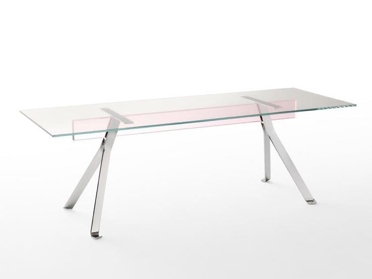 Designer Glastisch schmal lang transparente Tischplatte Metall Kreuzbeine rosa Farbakzent