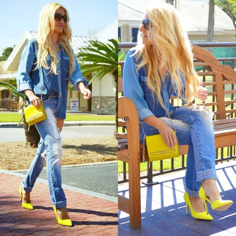 Die Boyfriend Jeans und ein Jeanshemd passen perfekt zu gelben Modeaccessoires