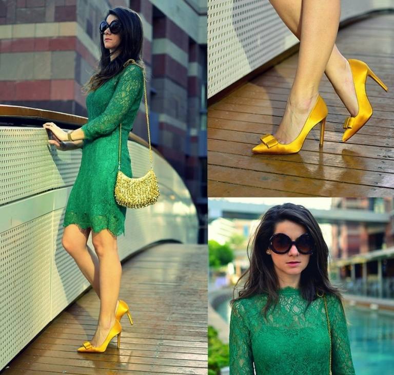 Gelbe Schuhe mit Goldschimmer und ein grünes Kleid aus Spitze