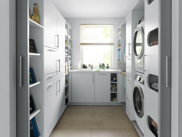 Hauswirtschaftsraum einrichten in U-Form und Schrank mit Wäschesystem