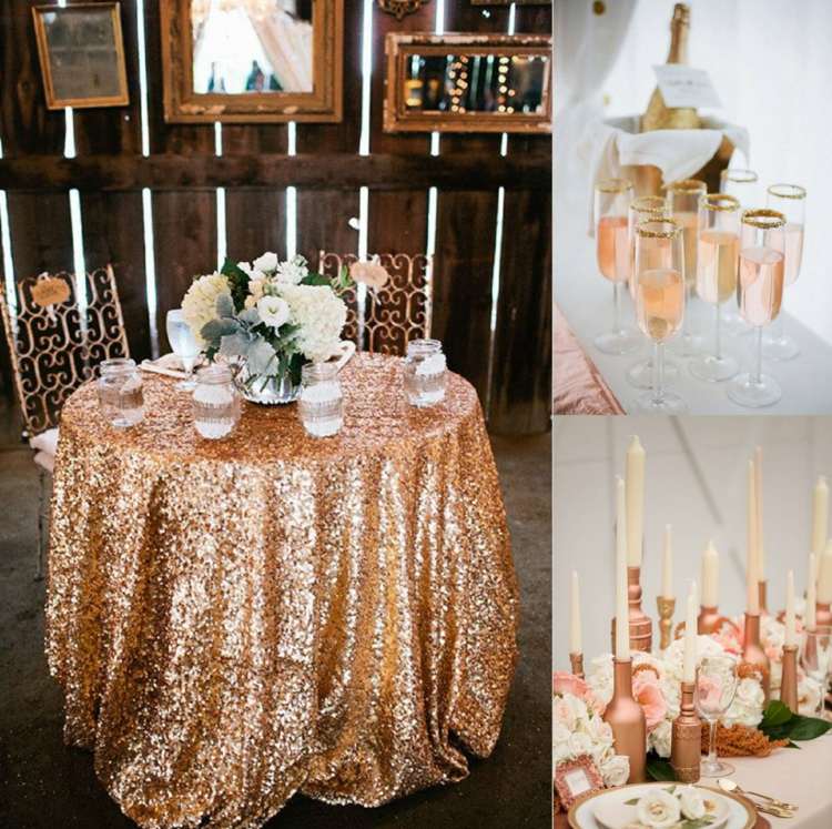 Hochzeit in Roségold - Ideen für die Tischdecke und Flaschen als Kerzenständer