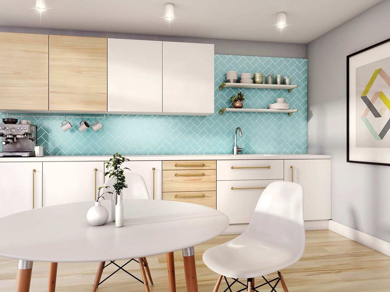 skandinavische Küche pastellfarben hellblau Holztisch Fliesen Wand