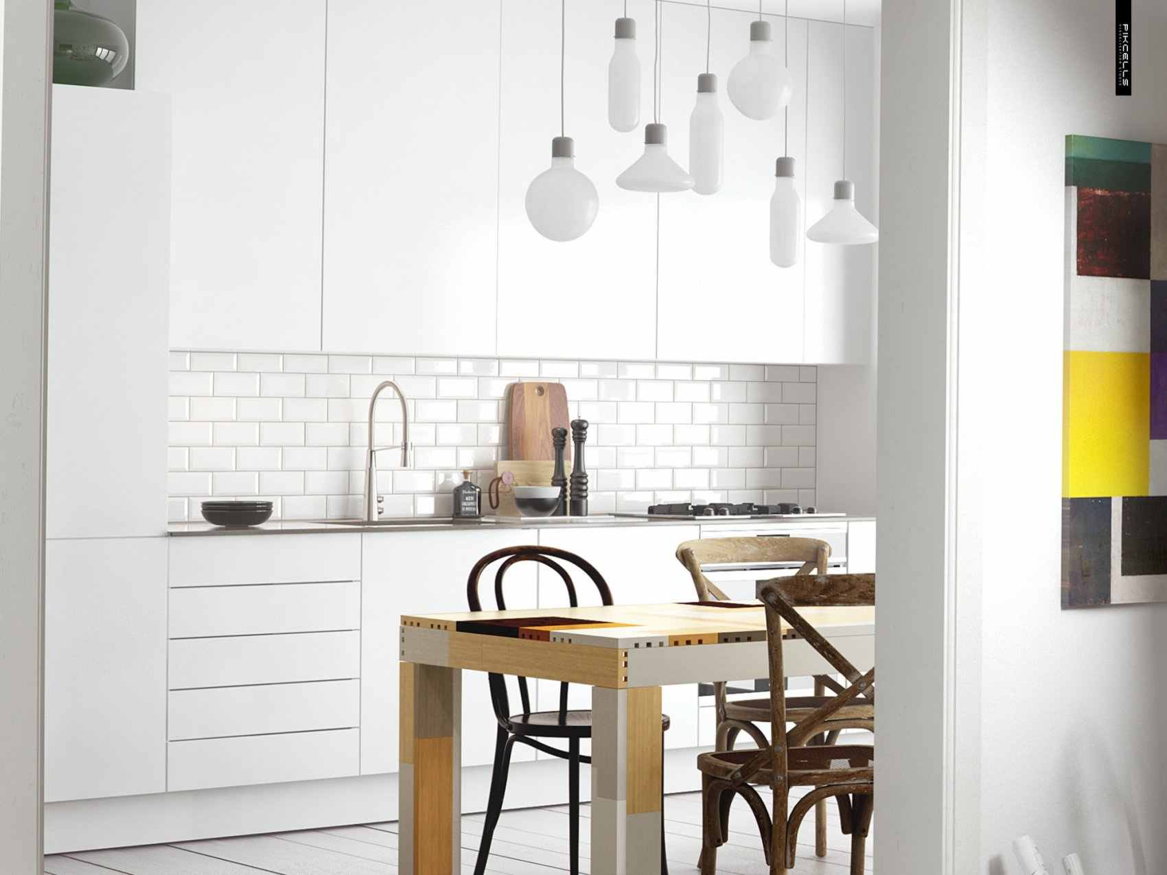 Küche skandinavischer Stil Holztisch Holzstuchl Küche Beleuchtung Dekoideen