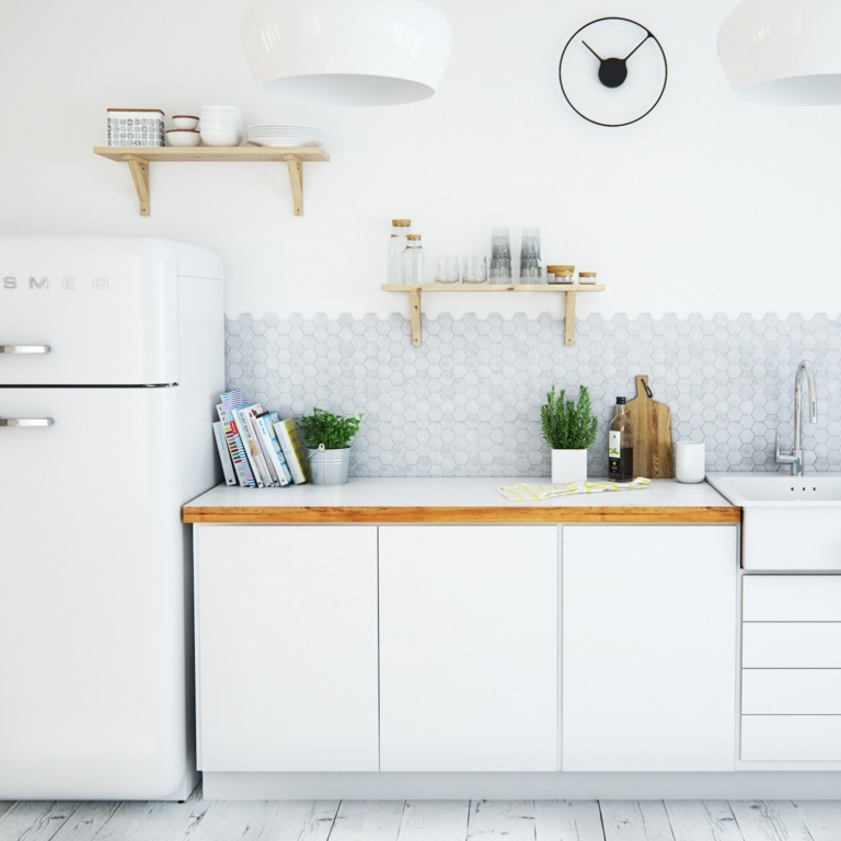 Küche skandinavischer Stil Retro einrichten Retro Kühlschrank Wandfliesen Mosaik Wohntrends