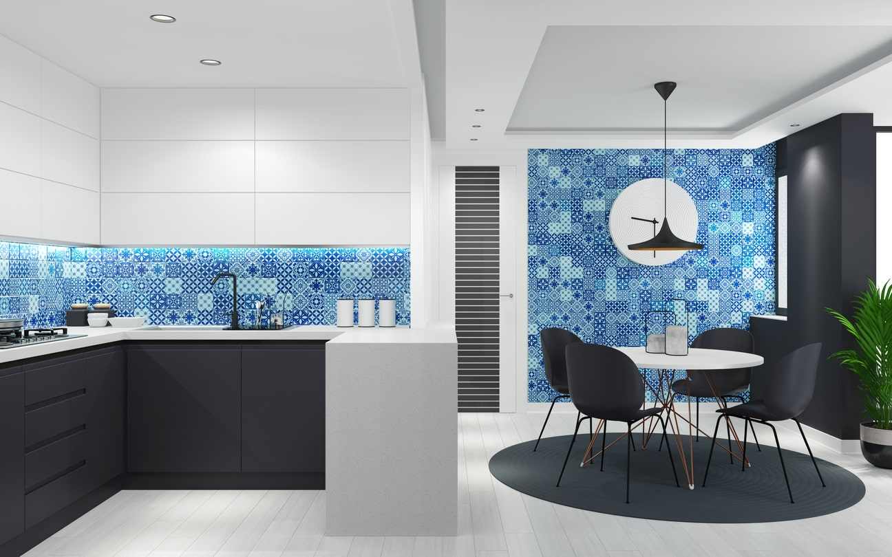 Küche skandinavischer Stil dunkel weisse Wandtapeten Wohnung minimalistisch einrichten