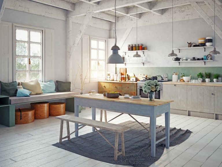 Landhaus Küche im skandinavisch einrichten Holztisch rustikale Einrichtung Wohntrends