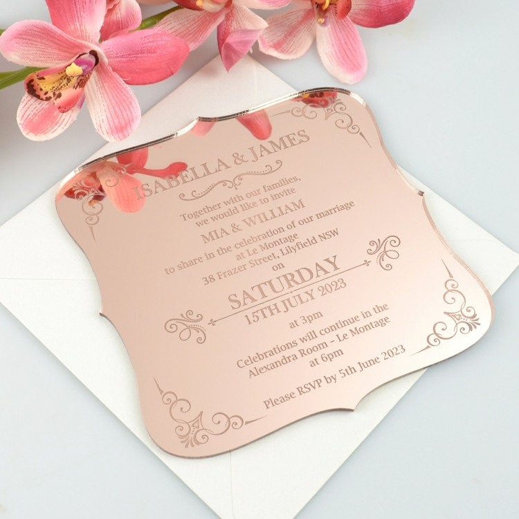 Luxus Einladung in Form einer Metallplatte in roségoldener Farbe