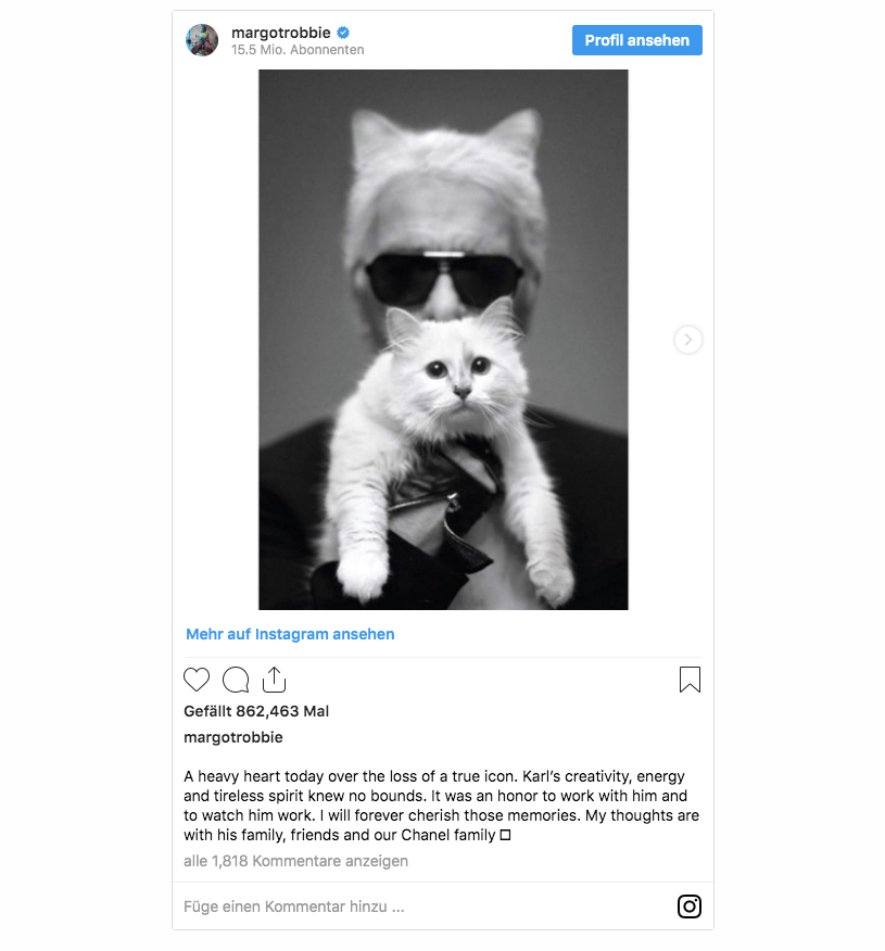 Margot Robbie Instagram Beitrag um Karl Lagerfeld zu ehren