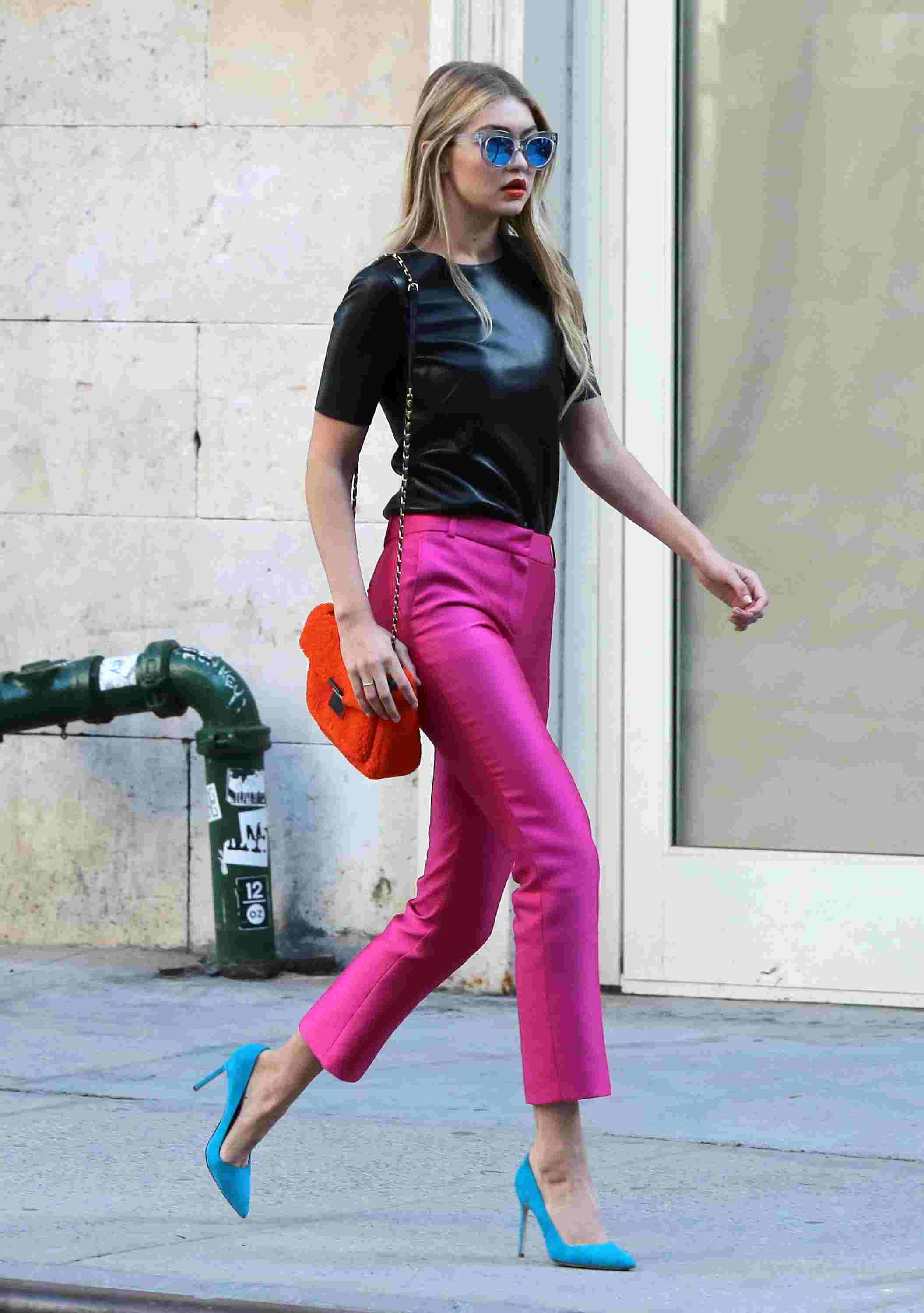 Neon Trend High Heels Ledershirt Gigi Hadid Outfits