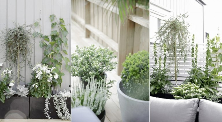 Terrasse skandinavisch gestalten mit Kräutern und Blumen in natürlichen Farben