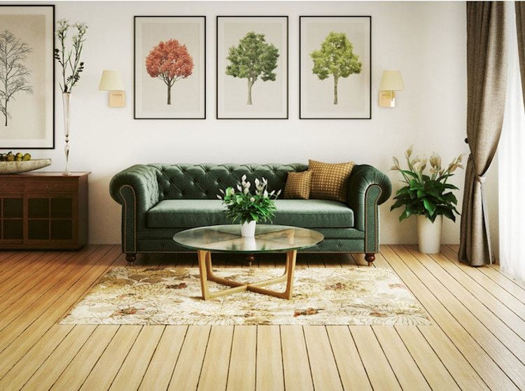 Wandbilder nach Feng Shui fürs Wohnzimmer Bäume hinter Sofa