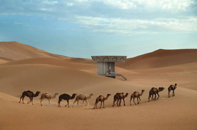 ein rundes haus in der wüste umgeben von kamelen