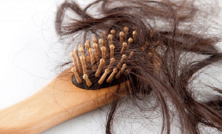 haarbürste aus holz mit gefallenen langen braunen haaren beim haarverlust