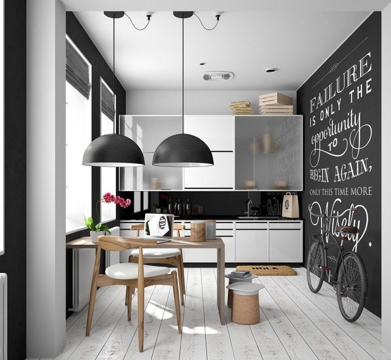 kleine Küche skandinavisch modern einrichten Holztisch Holzstuhl Küche Dekoideen Fahrrad
