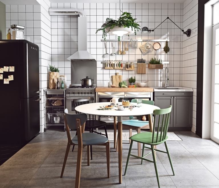 kleine Küche skandinavischer Stil einrichten Holztisch Holzstuch Bauernhaus Stil