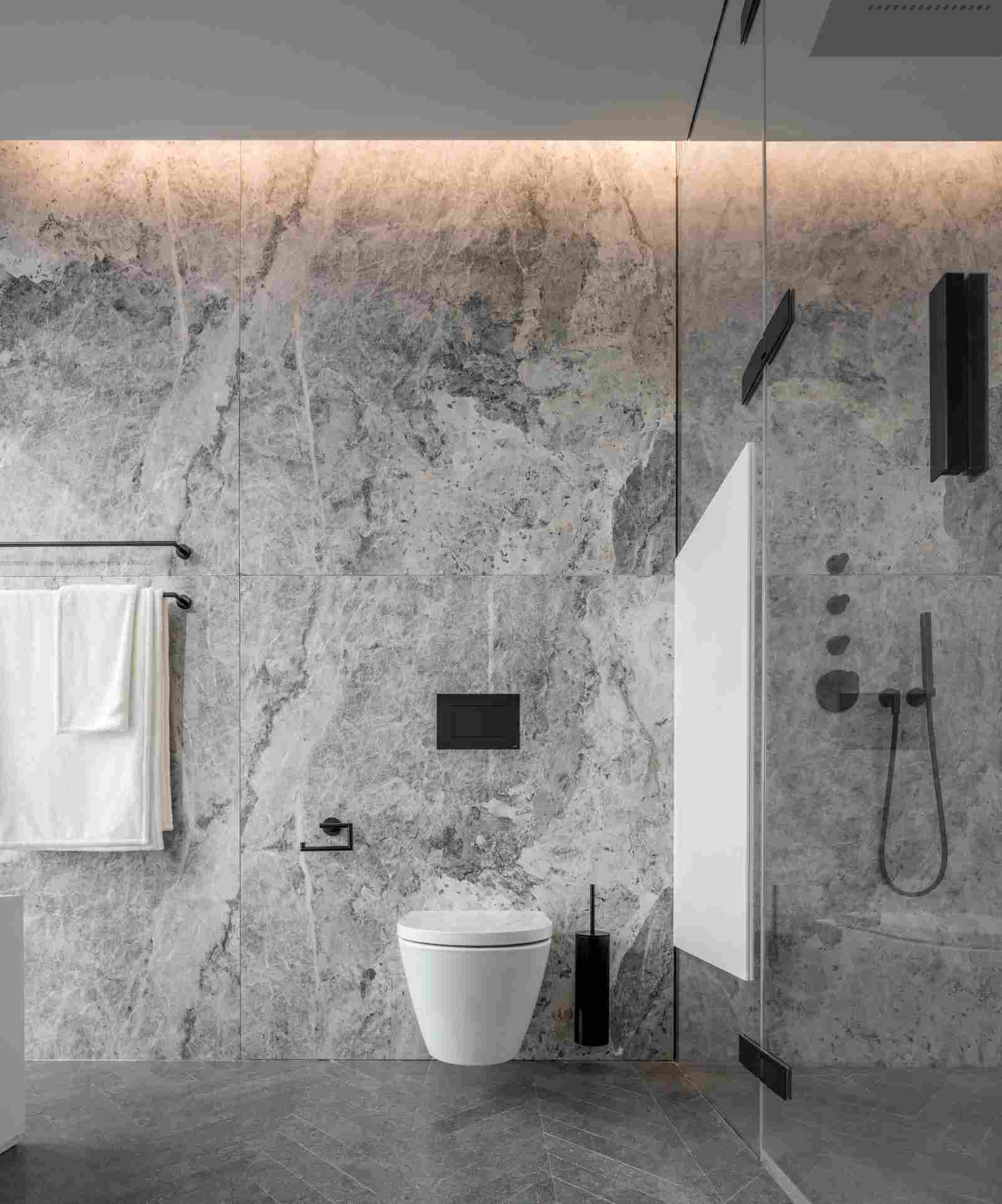 kleines Badezimmer in Grau Betonoptik minimalistische Einrichtung Trend Designideen