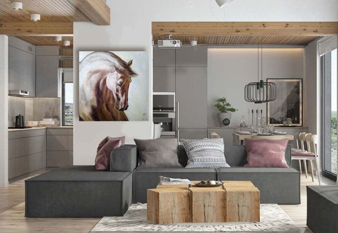 offener Wohnbereich Küche graues Sofa Wandbild Pferd