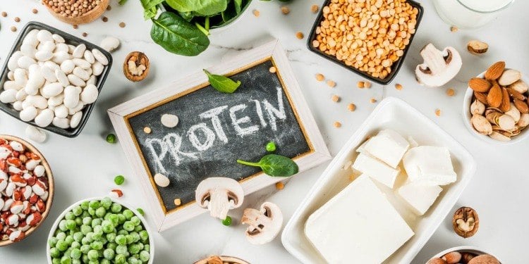 proteinreiche lebensmittel wie erbsen bohnen erdnüsse mandeln käse champignons