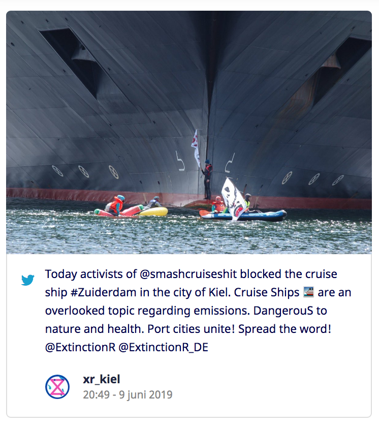 Aktivisten blockieren das Kreuzfahrtschiff Zuiderdam im Kieler Hafen für sechs Stunden