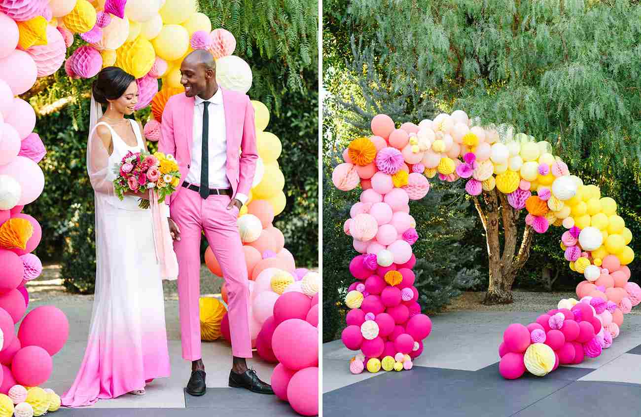 Ballonbogen und Ballongirlande Knallfarben Hochzeit Pink Gelb