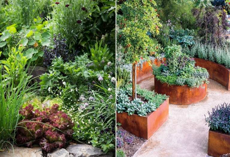 Beete aus Cortenstahl mit Gemüse und Obst für eine moderne Foodscaping-Gartengestaltung