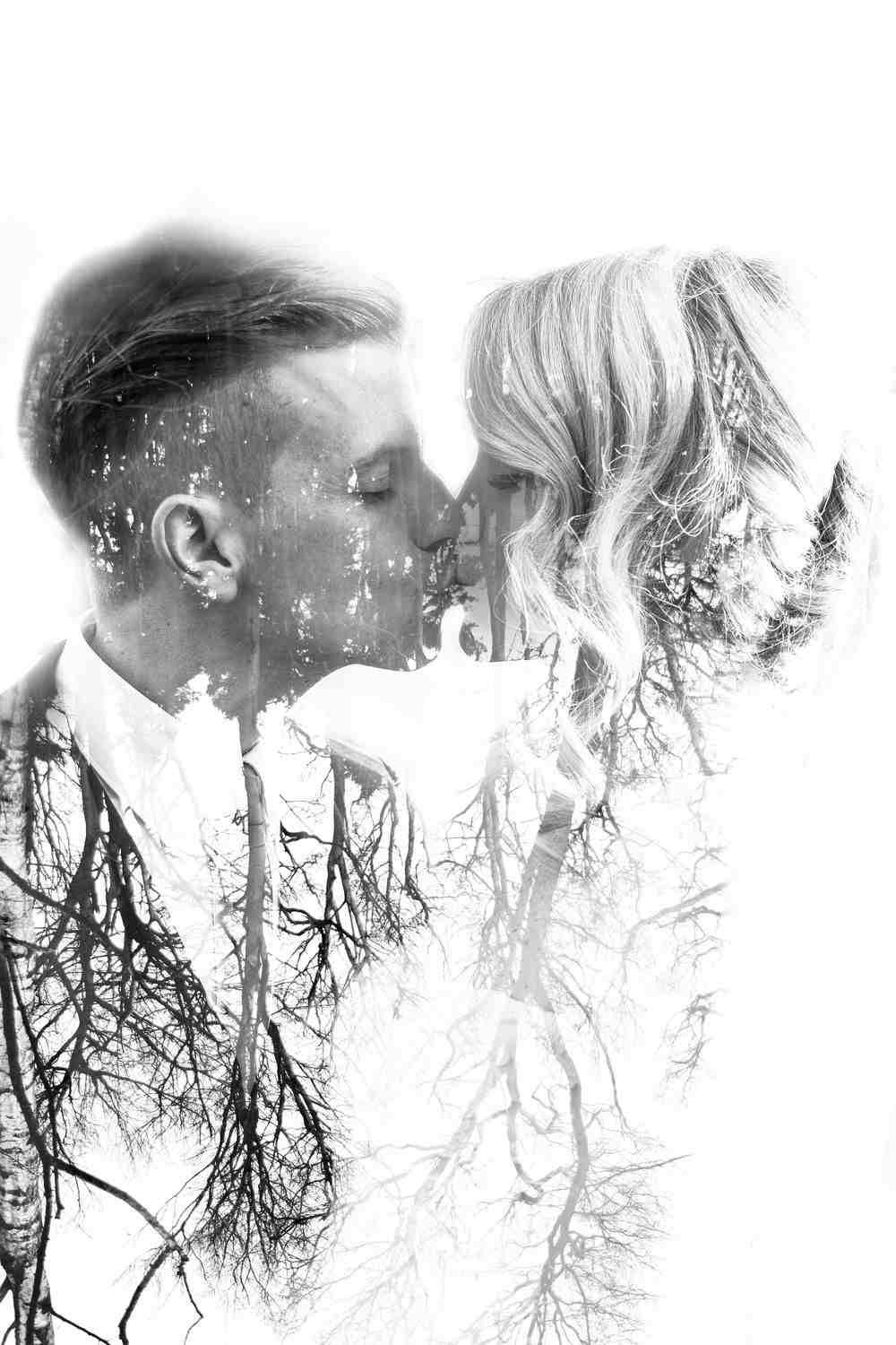 Bäume und Brautpaar in Schwarz-Weiß für Retro-Effekt und originelle Hochzeitsfotos