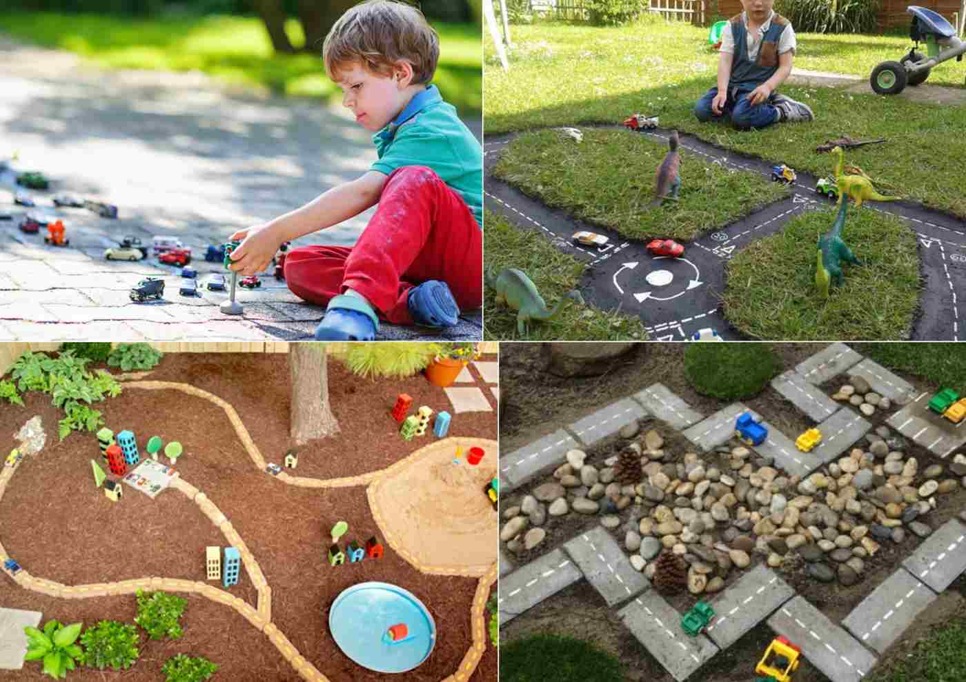 Gartenideen für Kinder mit Rennstrecken aus verschiedenen Materialien