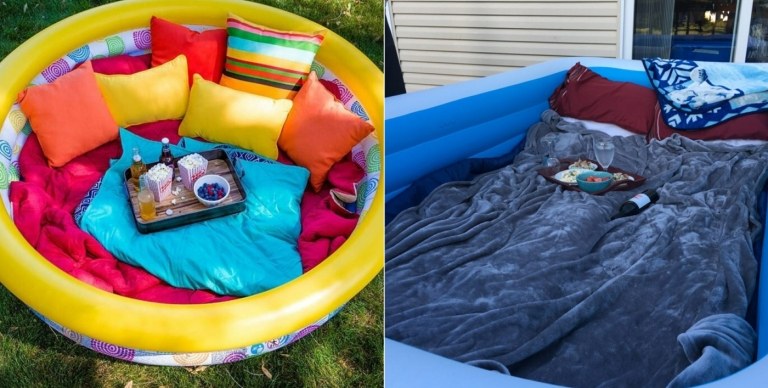 Gemütliche Lounge als Gartenideen für Kinder aus einem Pool bauen