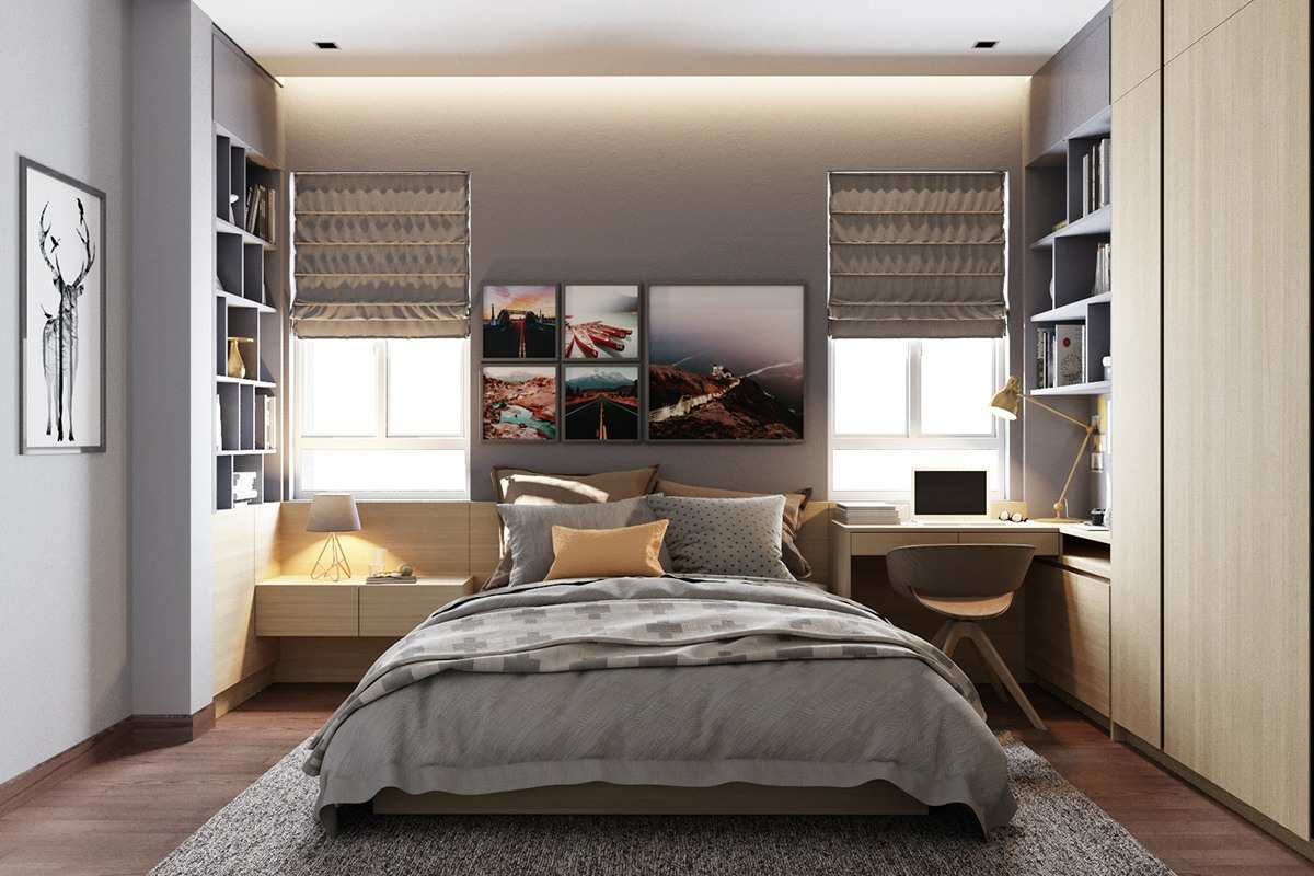 Idee für das Zimmer eines Teenagers mit eingebautem Kleiderschrank, Schreibtisch und Bett