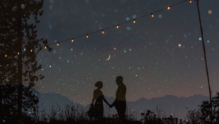 Idee mit Sternenhimmel, Lichterkette, Bergkette und Silhouette des Brautpaars