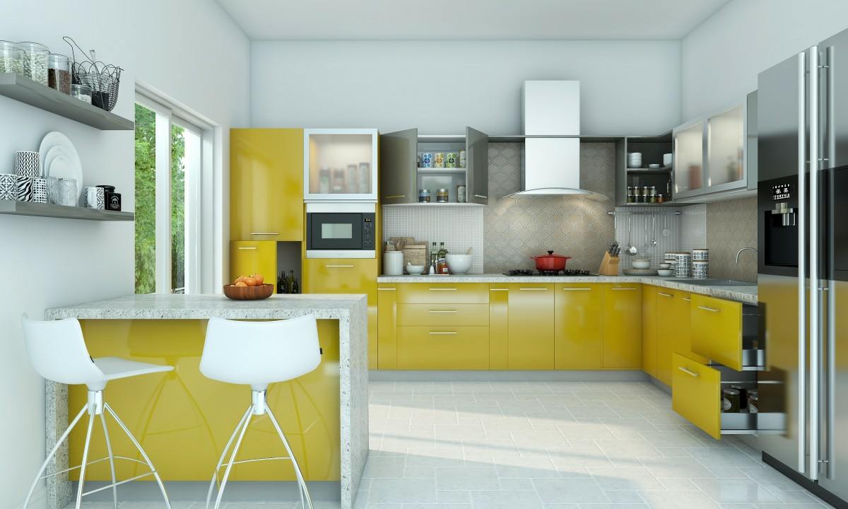 Küche in L-Form mit gelben Fronten und modernem Design