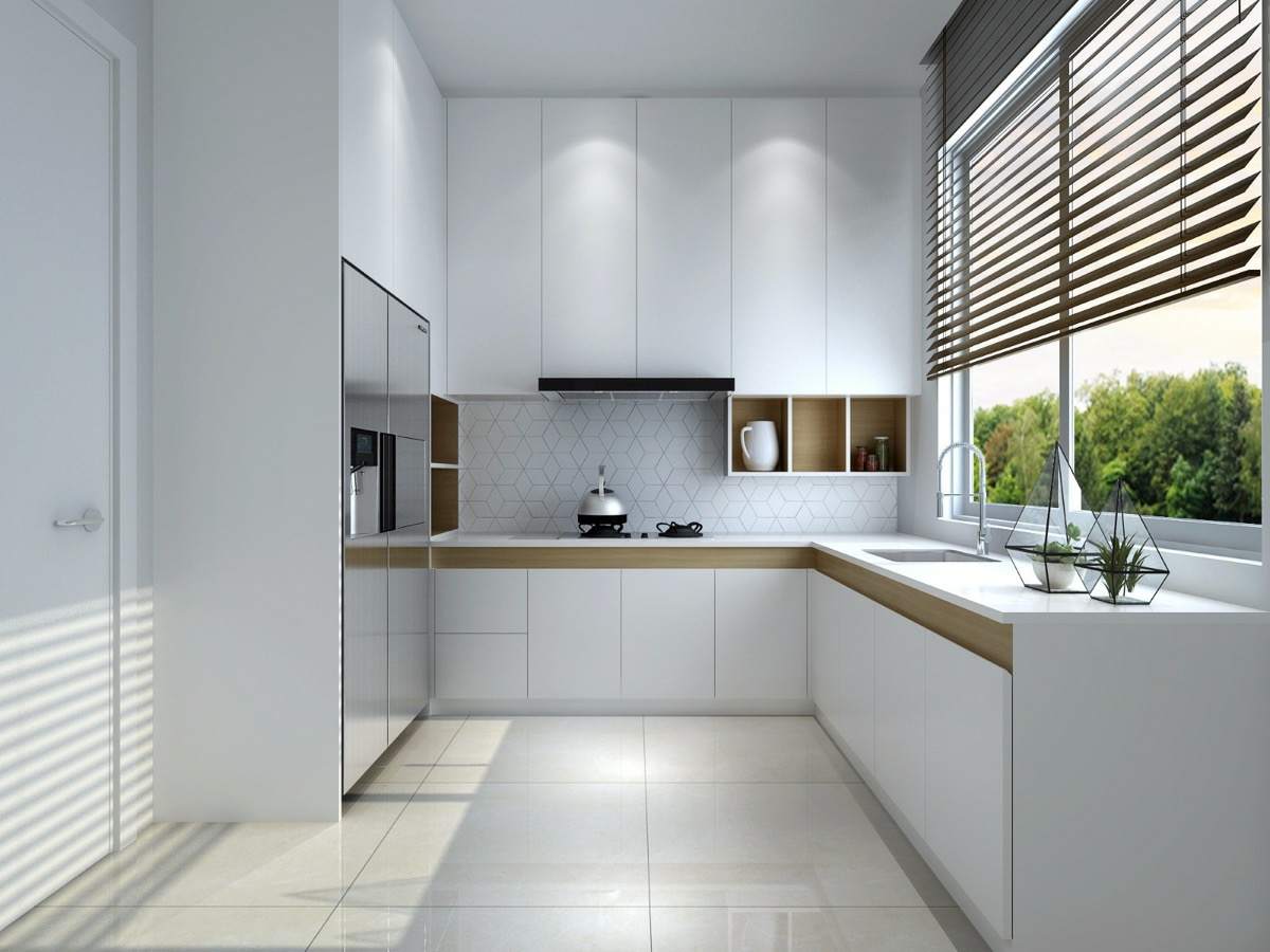 Moderne Küche in Weiß mit Küchenzeilen in L-Form und eingebautem Kühlschrank