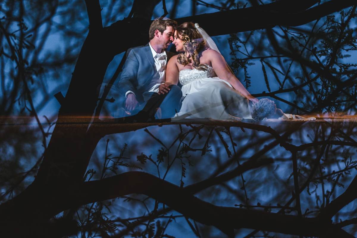 Nachtfoto mit Baum und beleuchtetem Brautpaar als doppelte Belichtung